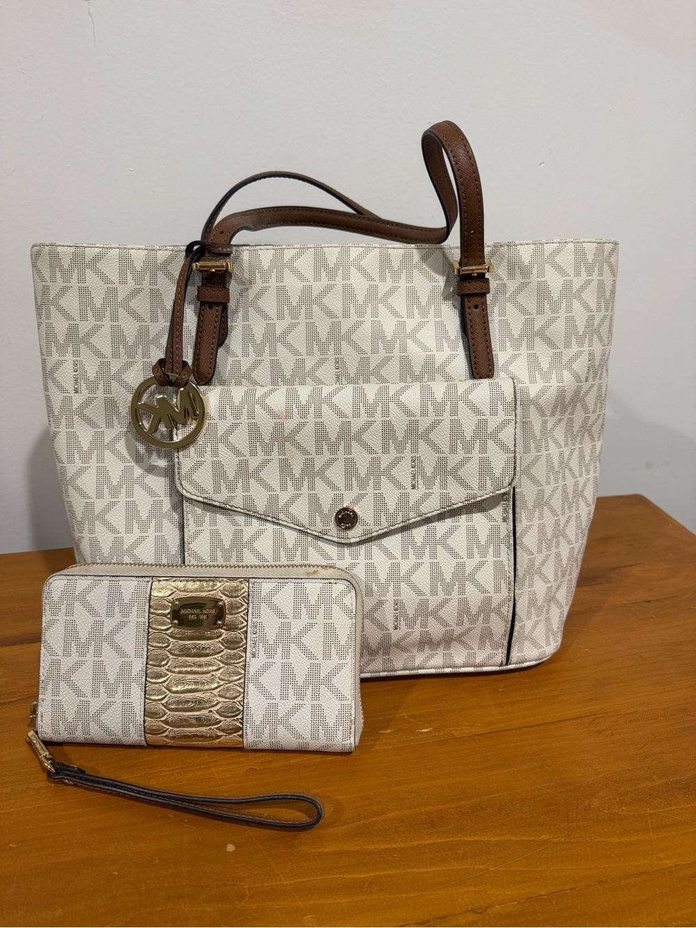 Michael Kors Cream MK Signature Tote with Brown Leather Handles & Gold Accents